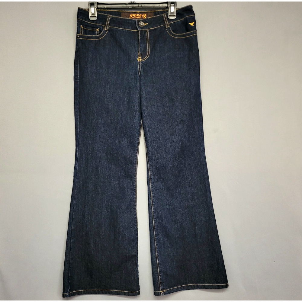 Crane Flare Jeans Womens Jr‎ 11 Short Blue Denim Dark Wash Mid-Rise Embroidered